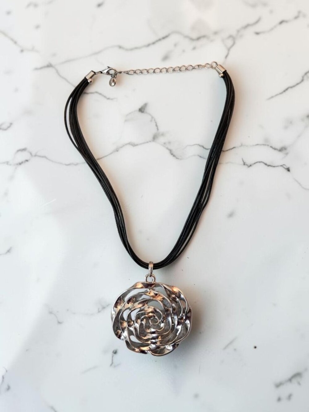 Chico's Silver Tone Open Rose Statement Pendant Multi-Strand Cord Necklace Brand